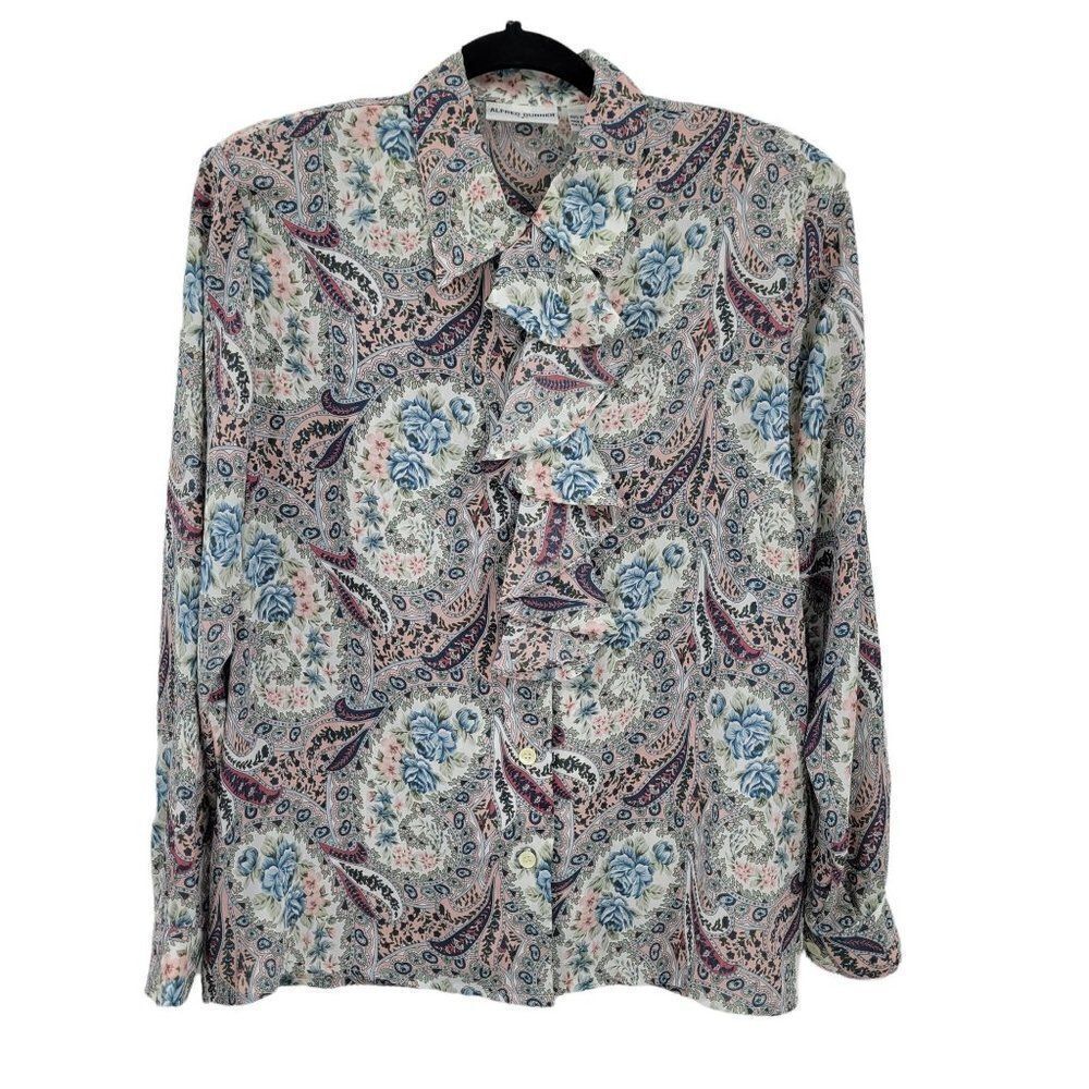 Vtg 80's Alfred Dunner Top Sheer Ruffle Floral Paisley Secretary Blouse‎ Blue M